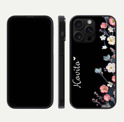 Black Elegance Floral Custom Name Glass Case for iPhone 16 Pro Max dual-view layout displaying name placement and gloss finish
