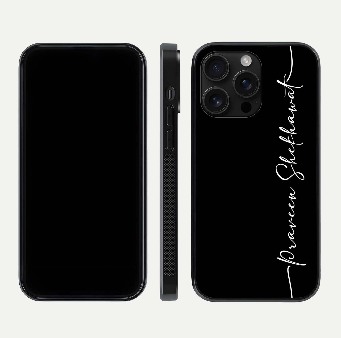 Black Tune Custom Name Glass Case for iPhone 16 Pro Max front-and-back layout showing personalized name zone and edges