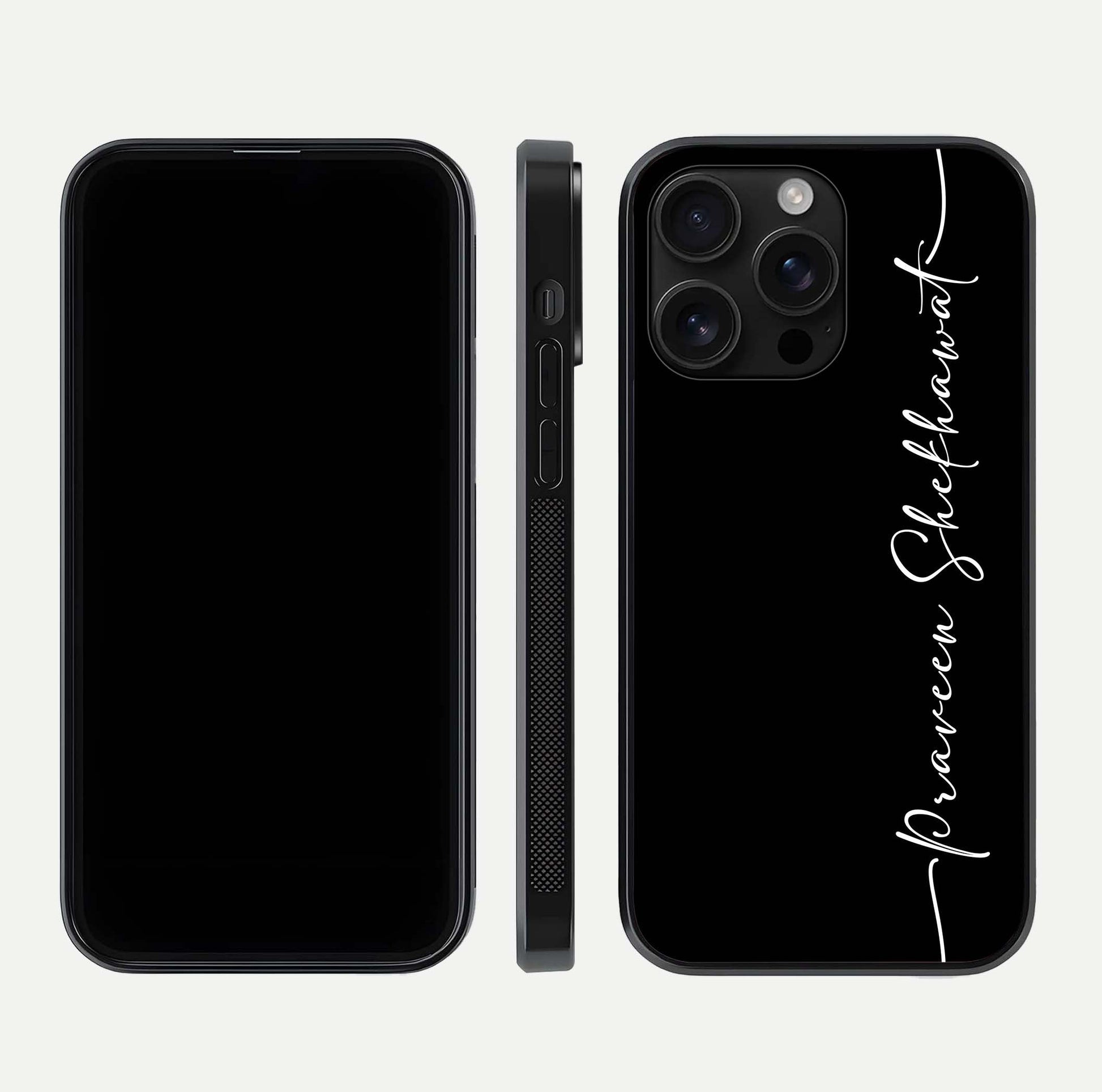 Black Tune Custom Name Glass Case for iPhone 16 Pro Max front-and-back layout showing personalized name zone and edges