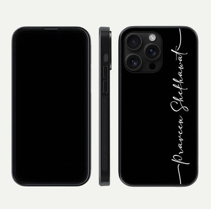 Black Tune Custom Name Glass Case for iPhone 16 Pro Max front-and-back layout showing personalized name zone and edges