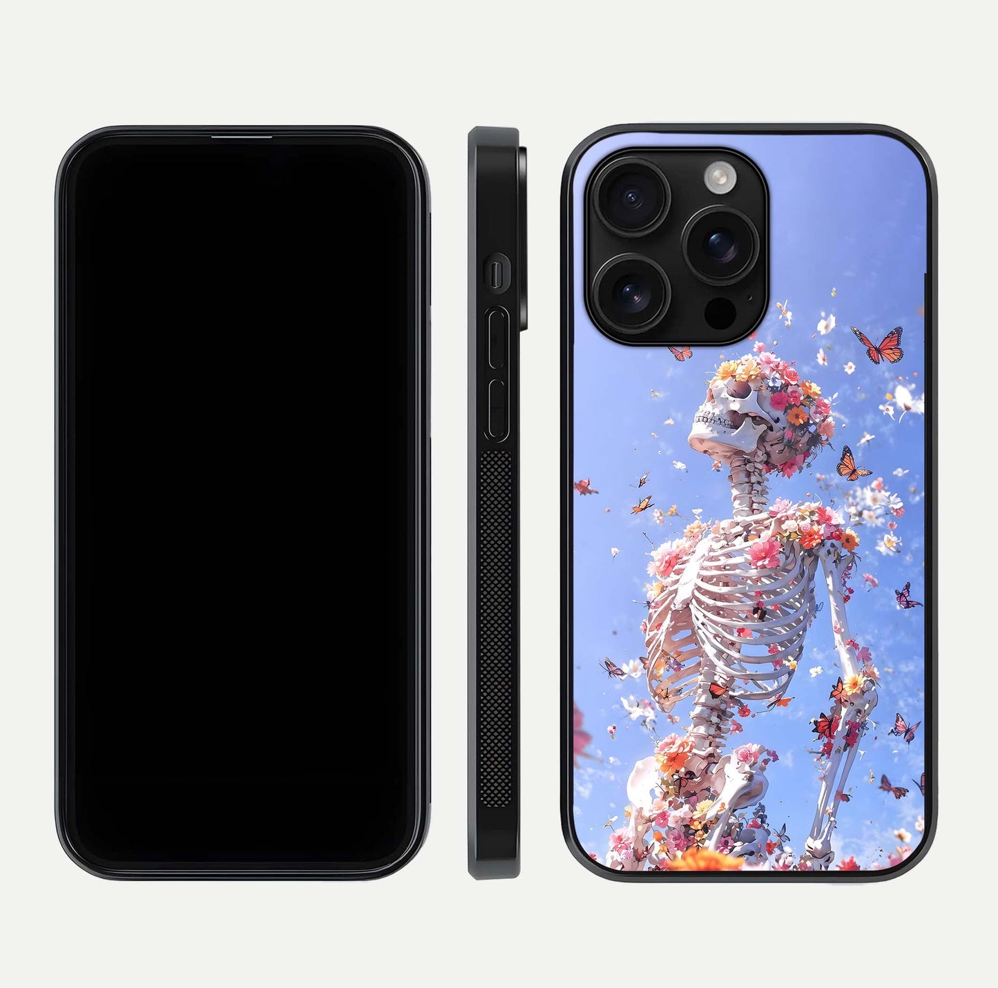 Bloom Beyond Bones Glass Case for iPhone 16 Pro Max dual-view layout showing creative aesthetic and edge design
