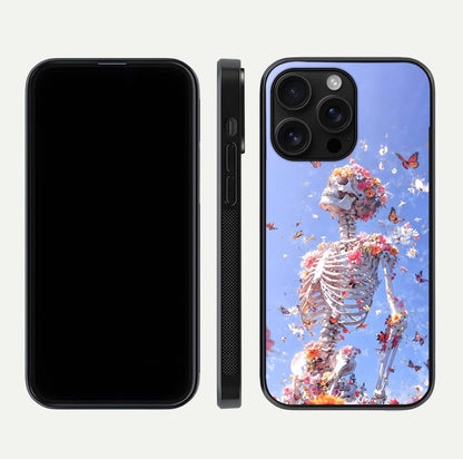 Bloom Beyond Bones Glass Case for iPhone 16 Pro Max dual-view layout showing creative aesthetic and edge design