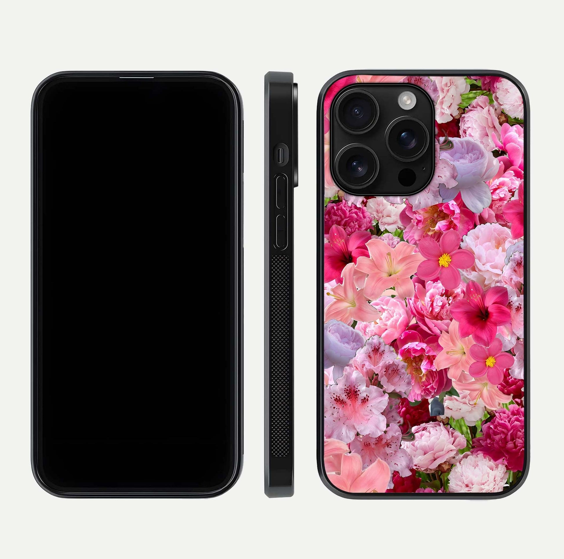 Bloom Crush Fantasy Glass Case for iPhone 16 Pro Max dual-view layout highlighting edges and premium shine