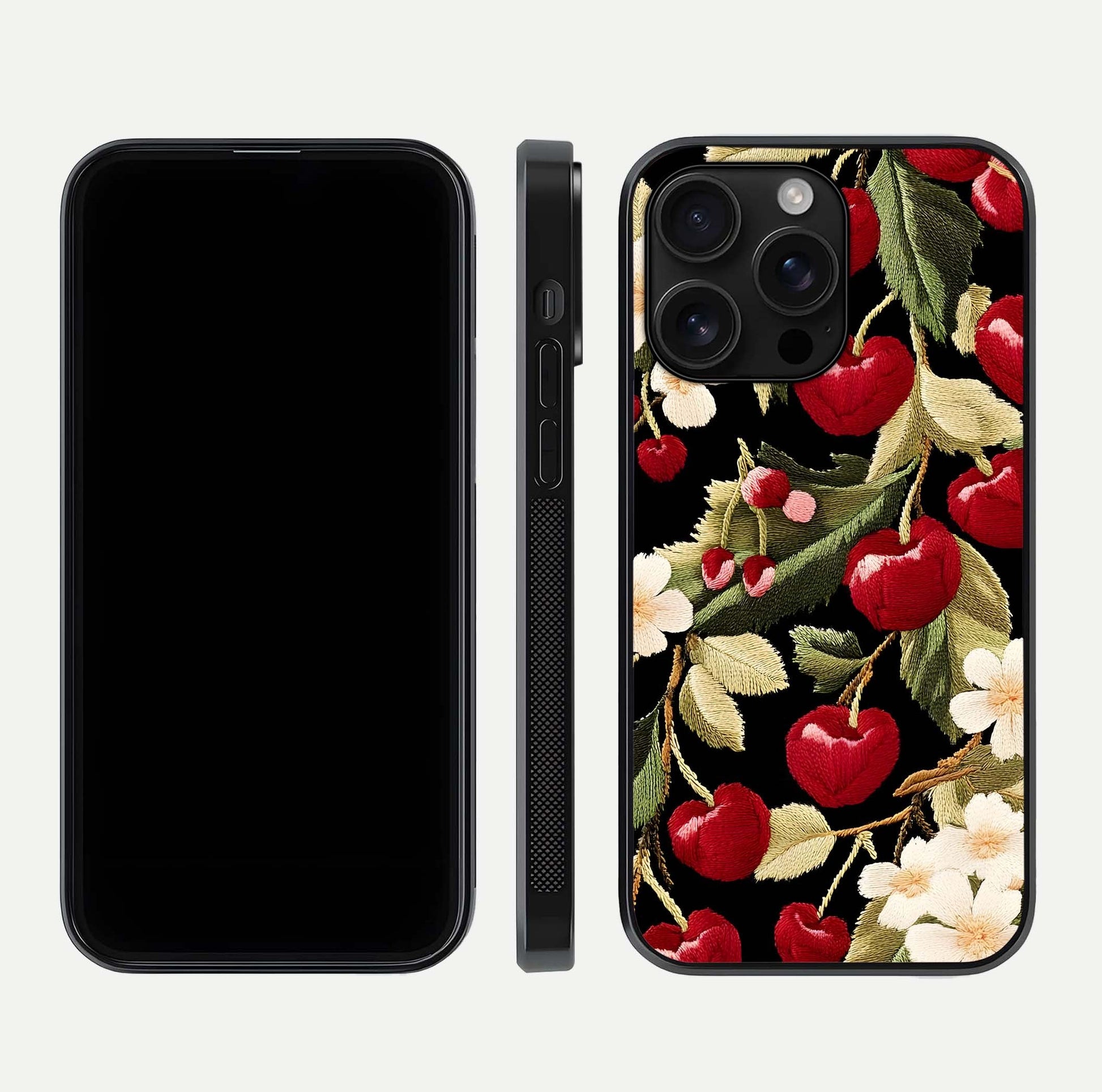 Bloom Thread Art Glass Case for iPhone 16 Pro Max front-and-back layout showing smooth edges and high-clarity print