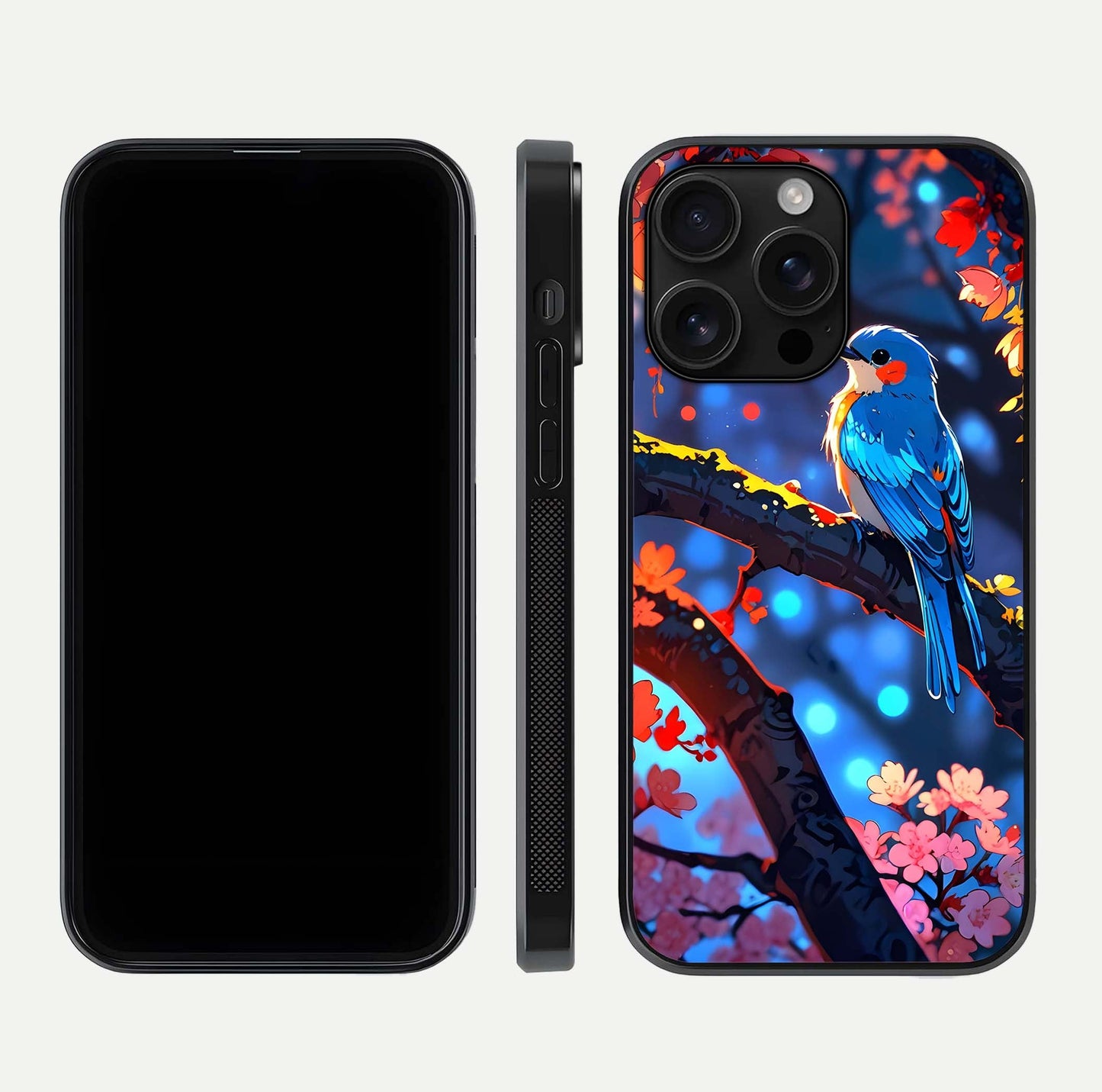 Blooming Spendor Bird Glass Case for iPhone 16 Pro Max front-and-back view showing nature print and protective edge