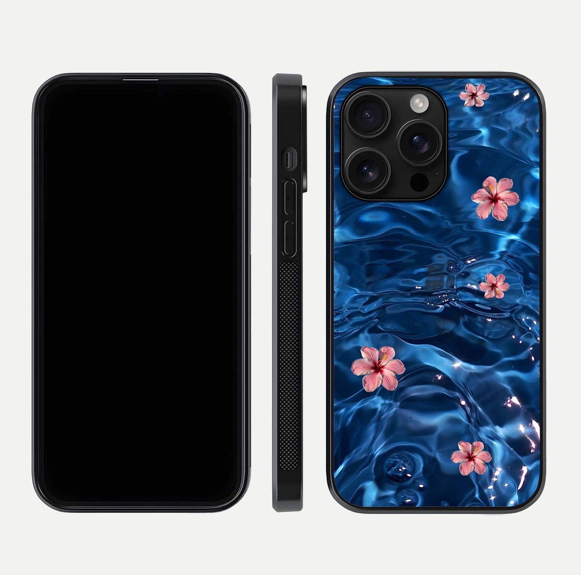 Blooming Water Drift Glass Case for iPhone 16 Pro Max front-and-back layout highlighting edge design and serene water bloom art