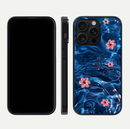 Blooming Water Drift Glass Case for iPhone 16 Pro Max front-and-back layout highlighting edge design and serene water bloom art