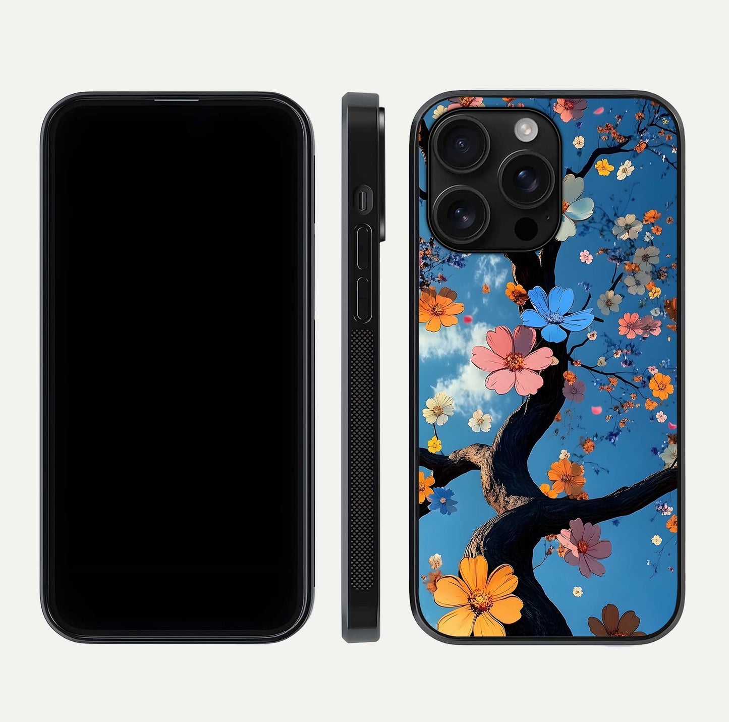 Blossom Dream Sky Glass Case for iPhone 16 Pro Max front-and-back layout showing floral print and premium edge gloss
