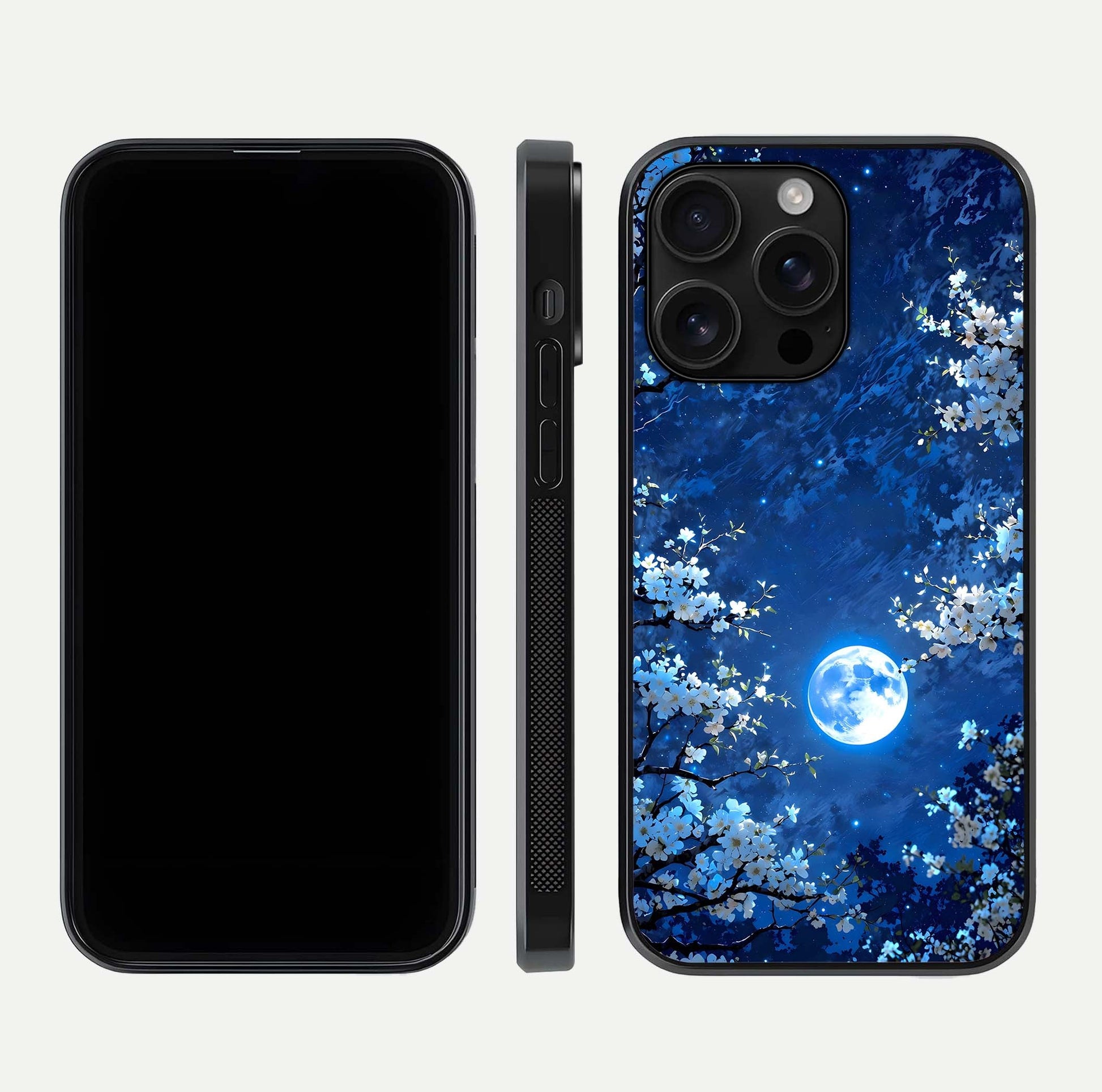 Blossom Moonlight Sky Glass Case for iPhone 16 Pro Max dual-view layout highlighting sky gradient and floral composition
