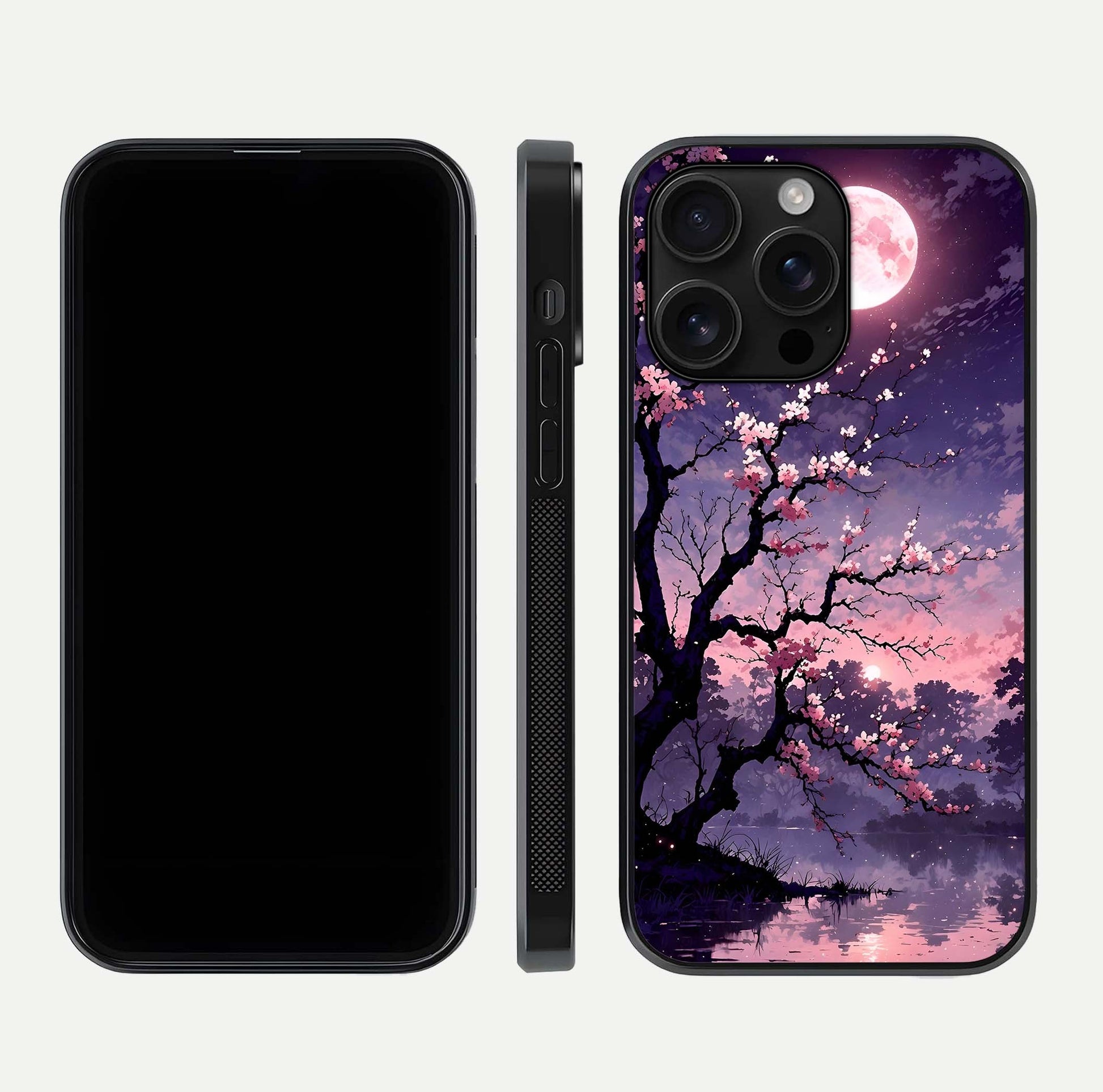 Blossom Pink Moon Glass Case for iPhone 16 Pro Max front-and-back layout showing minimal edges and artistic flower print