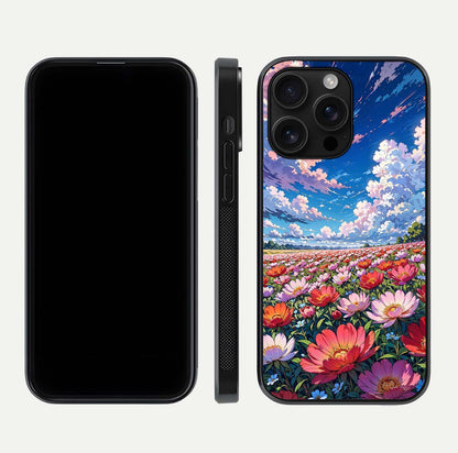 Blossom Sky Field Glass Case for iPhone 16 Pro Max front-and-back layout highlighting design edges and gloss clarity