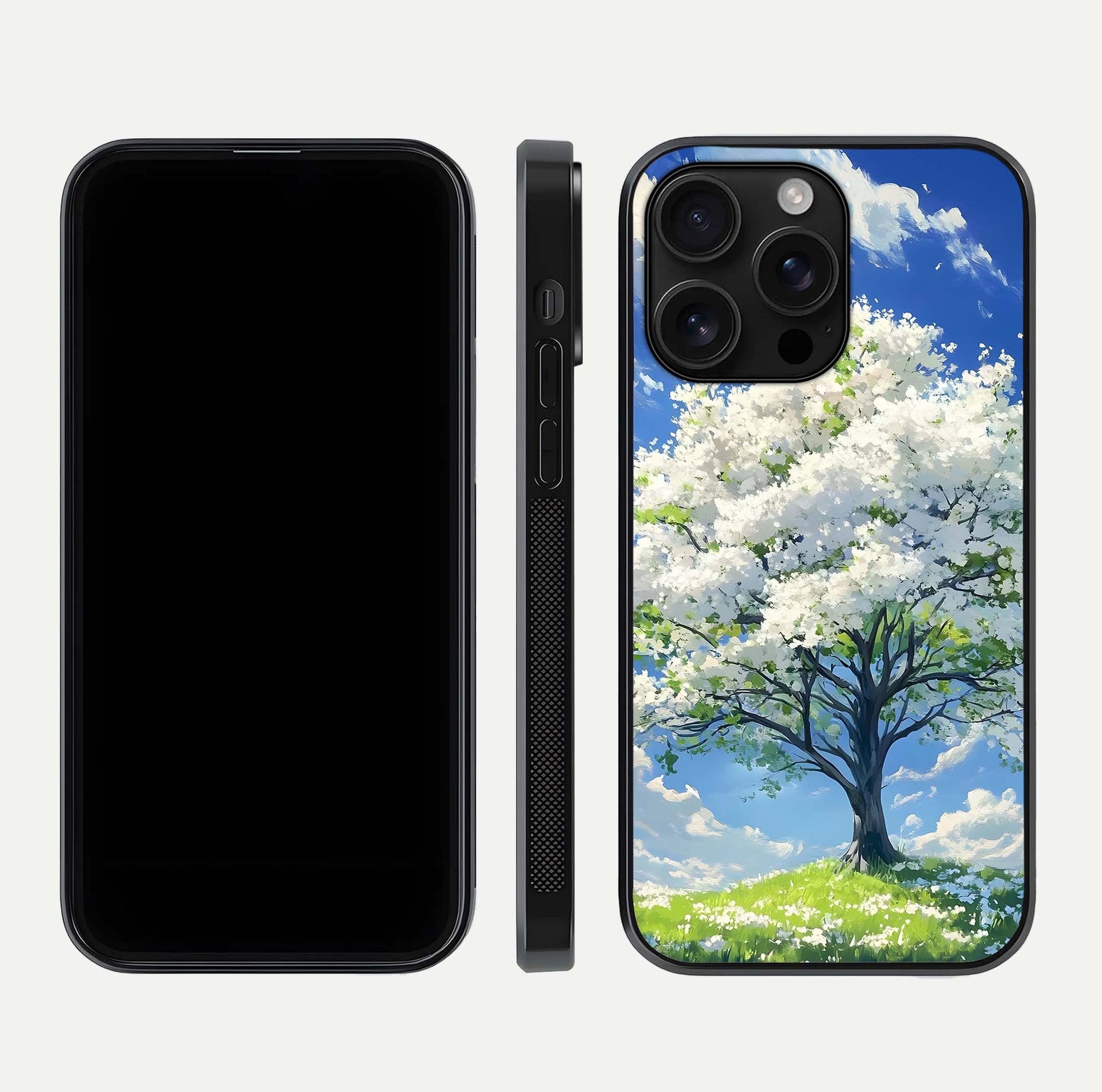 Blossom Sky Serenity Glass Case for iPhone 16 Pro Max dual-view layout showing pastel hues and soft protective edges
