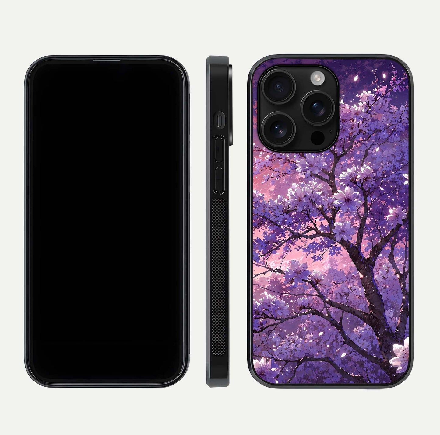 Blossom Tree Glass Case for iPhone 16 Pro Max front-and-back layout showing art alignment and gloss reflection