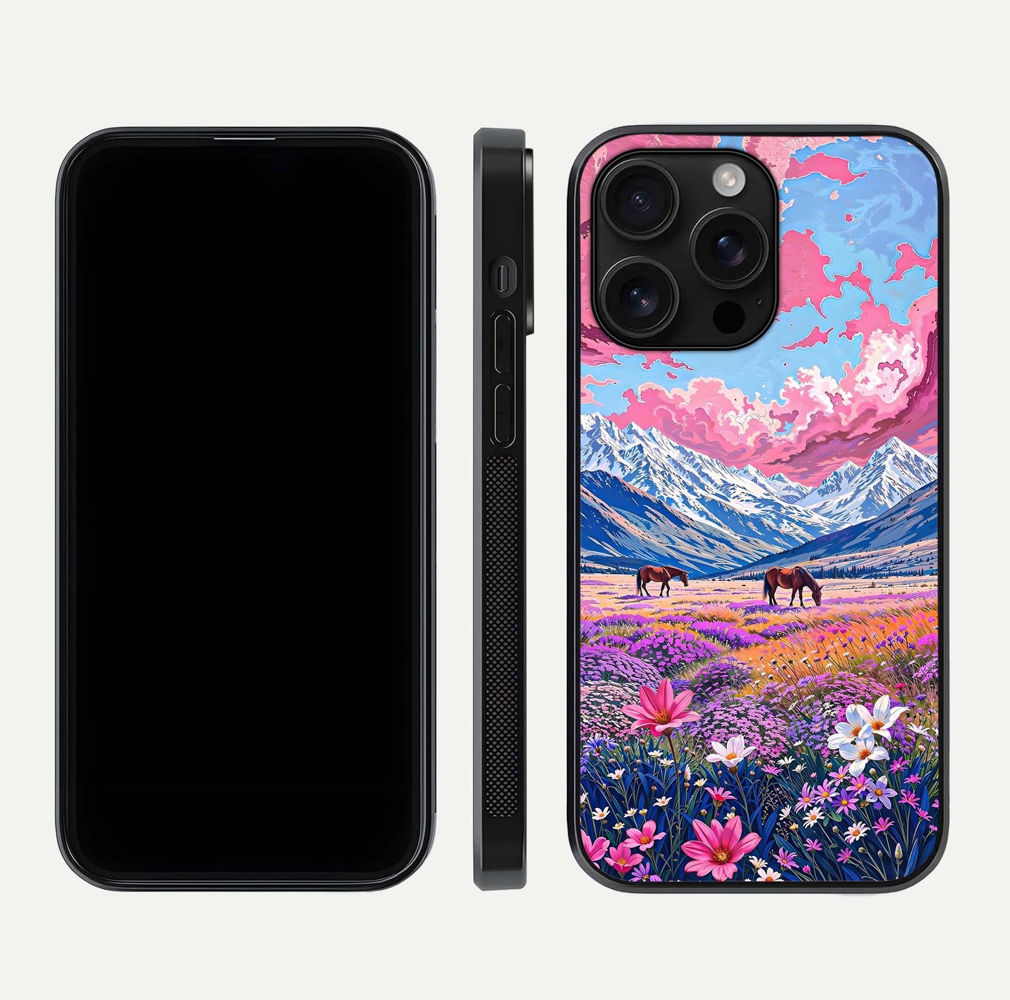 Blossom Valley Dream Glass Case for iPhone 16 Pro Max front-and-back layout highlighting glossy reflection and edge cut