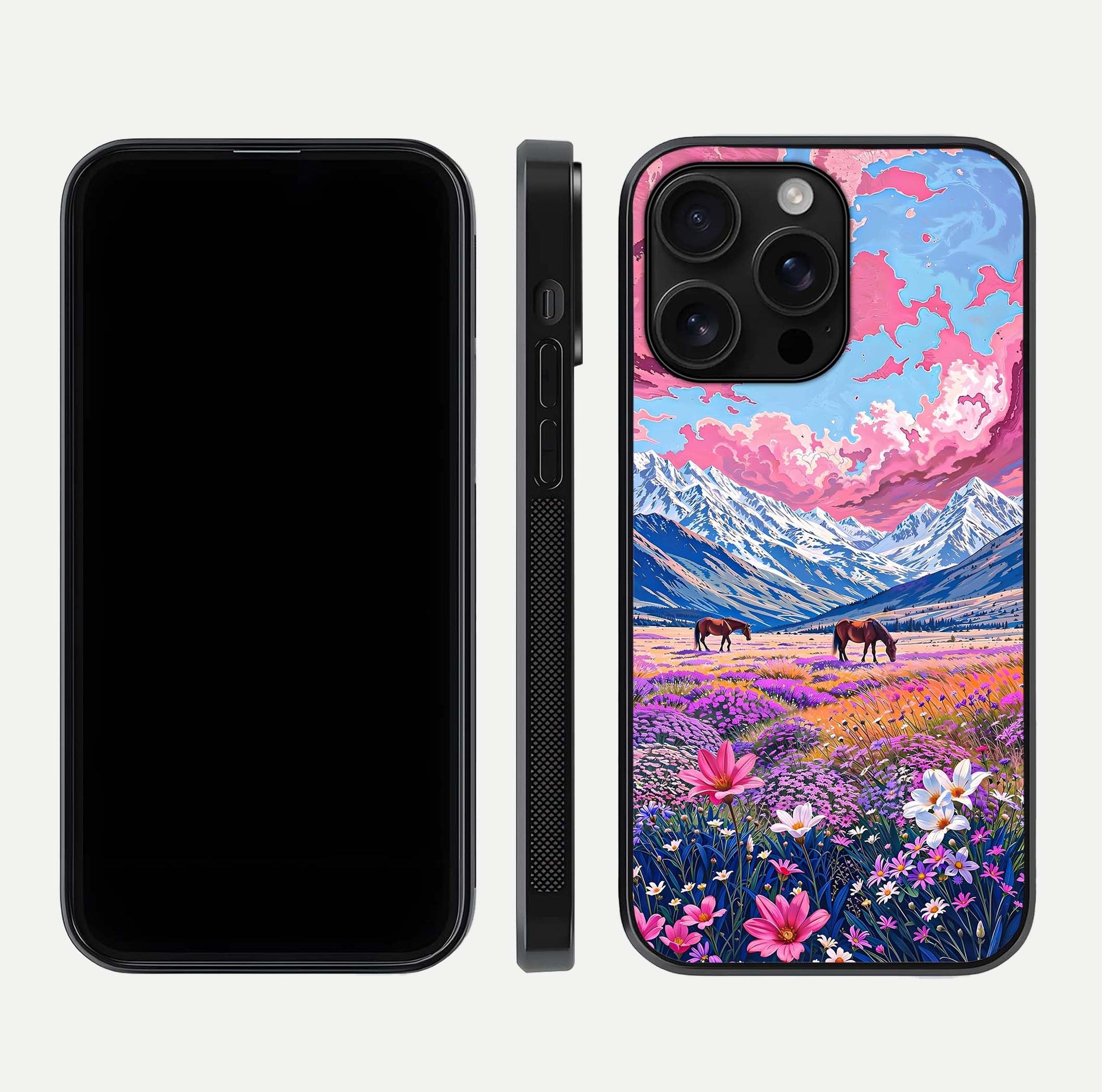 Blossom Valley Dream Glass Case for iPhone 16 Pro Max front-and-back layout highlighting glossy reflection and edge cut