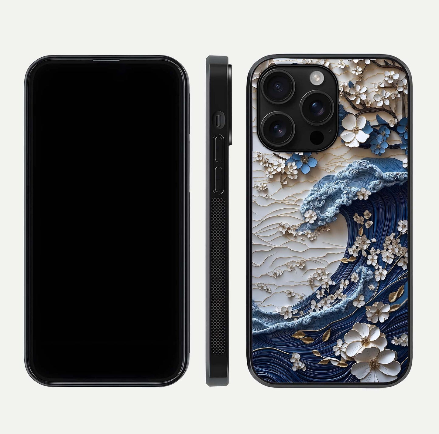 Blossom Wave Art Glass Case for iPhone 16 Pro Max front-and-back layout showing curved design and glass clarity