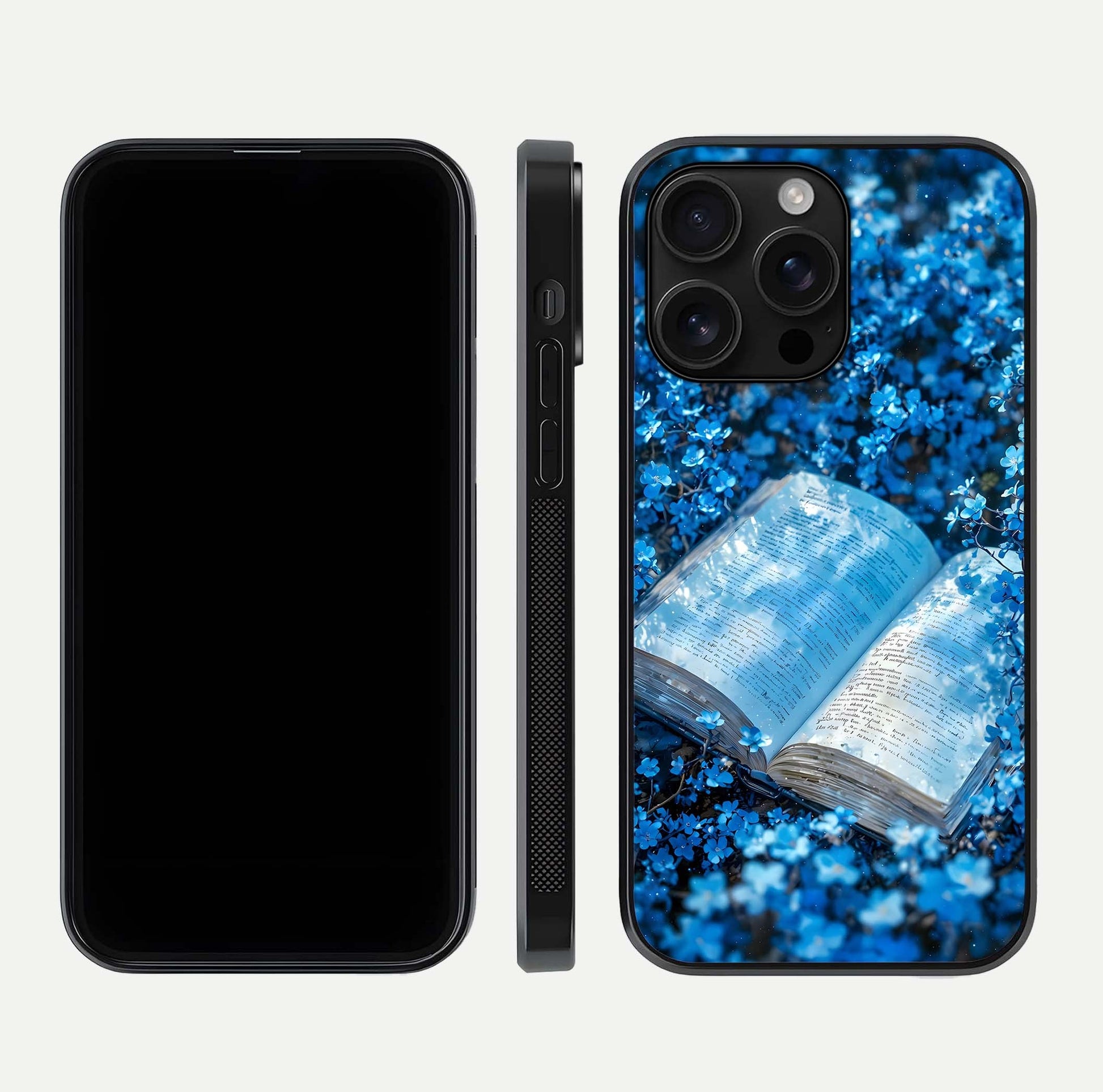 Blue Bloom Tales Glass Case for iPhone 16 Pro Max dual-view layout highlighting shine, floral print, and smooth edges