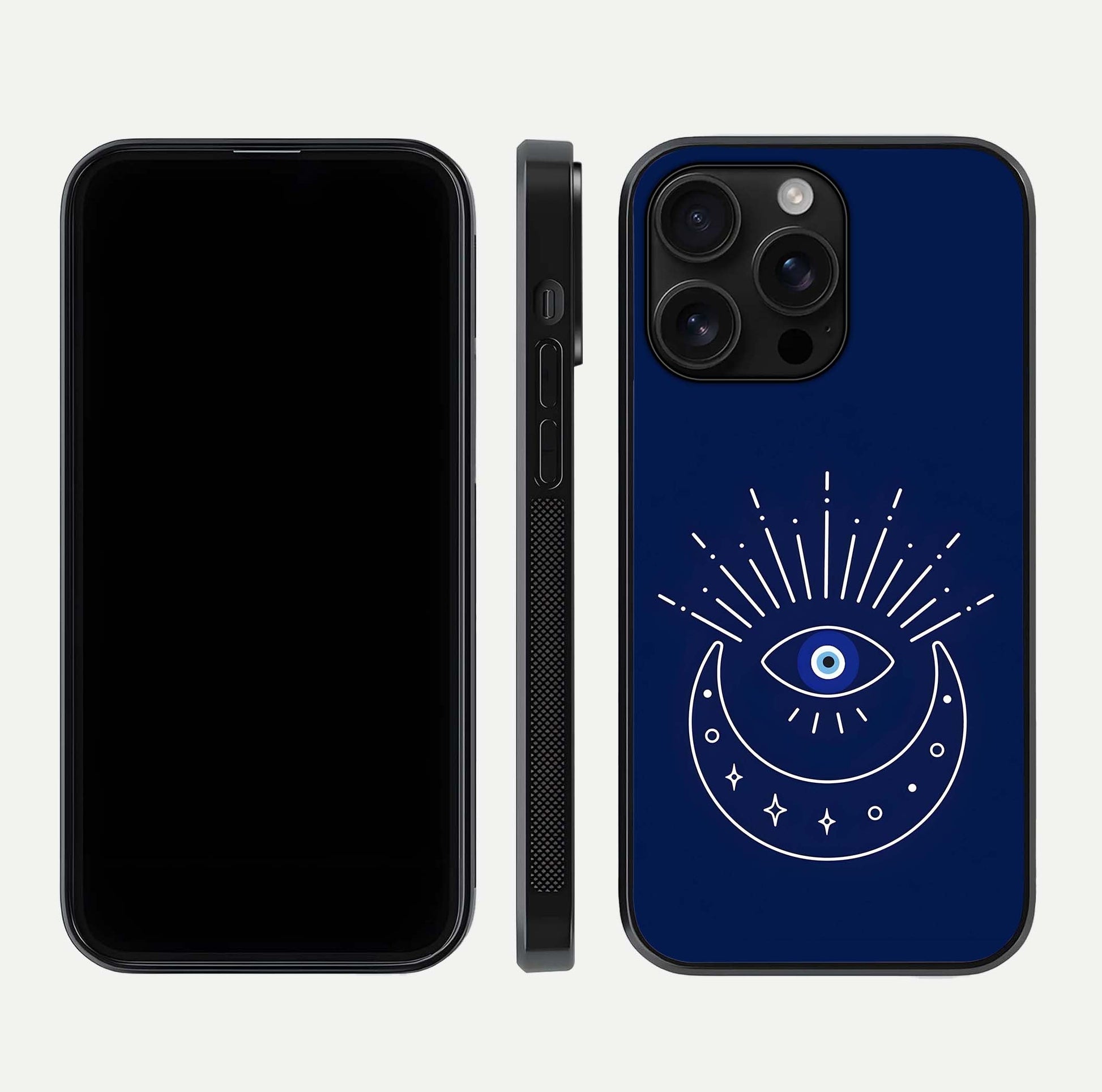 Blue Evil Eye Glass Case for iPhone 16 Pro Max front-and-back layout showing blue aura design and curved-edge clarity