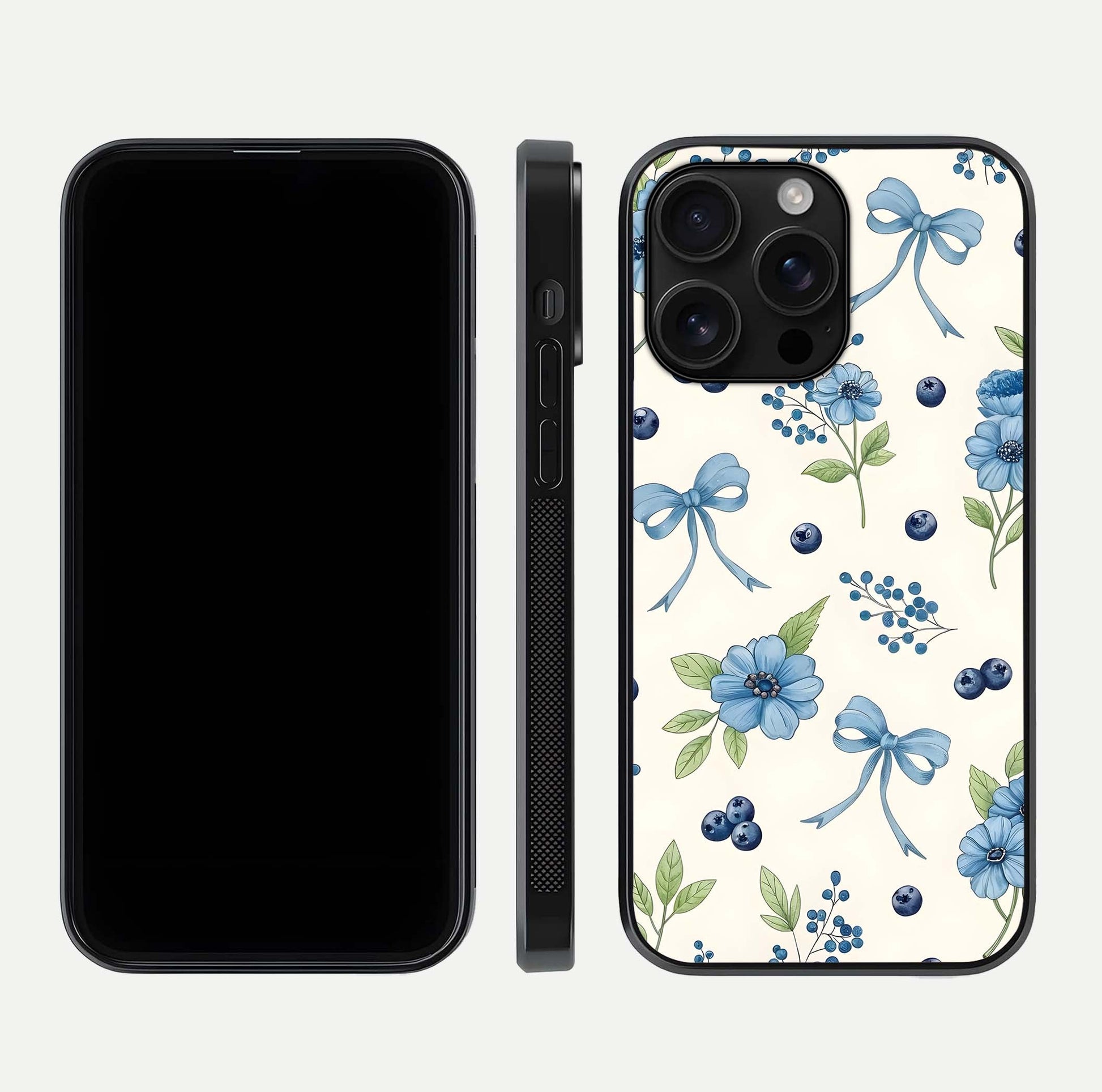 Blue Flower & Bow Glass Case for iPhone 16 Pro Max dual-view layout showing balanced pattern and smooth edges