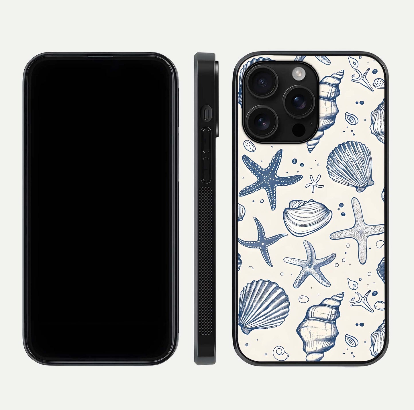 Blue Ocean Outline Glass Case for iPhone 16 Pro Max front-and-back layout showing minimal wave design and HD gloss