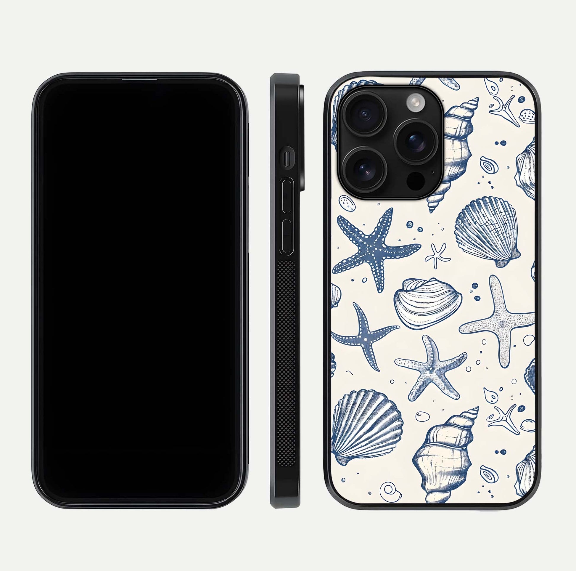 Blue Ocean Outline Glass Case for iPhone 16 Pro Max front-and-back layout showing minimal wave design and HD gloss