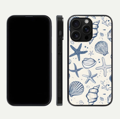 Blue Ocean Outline Glass Case for iPhone 16 Pro Max front-and-back layout showing minimal wave design and HD gloss