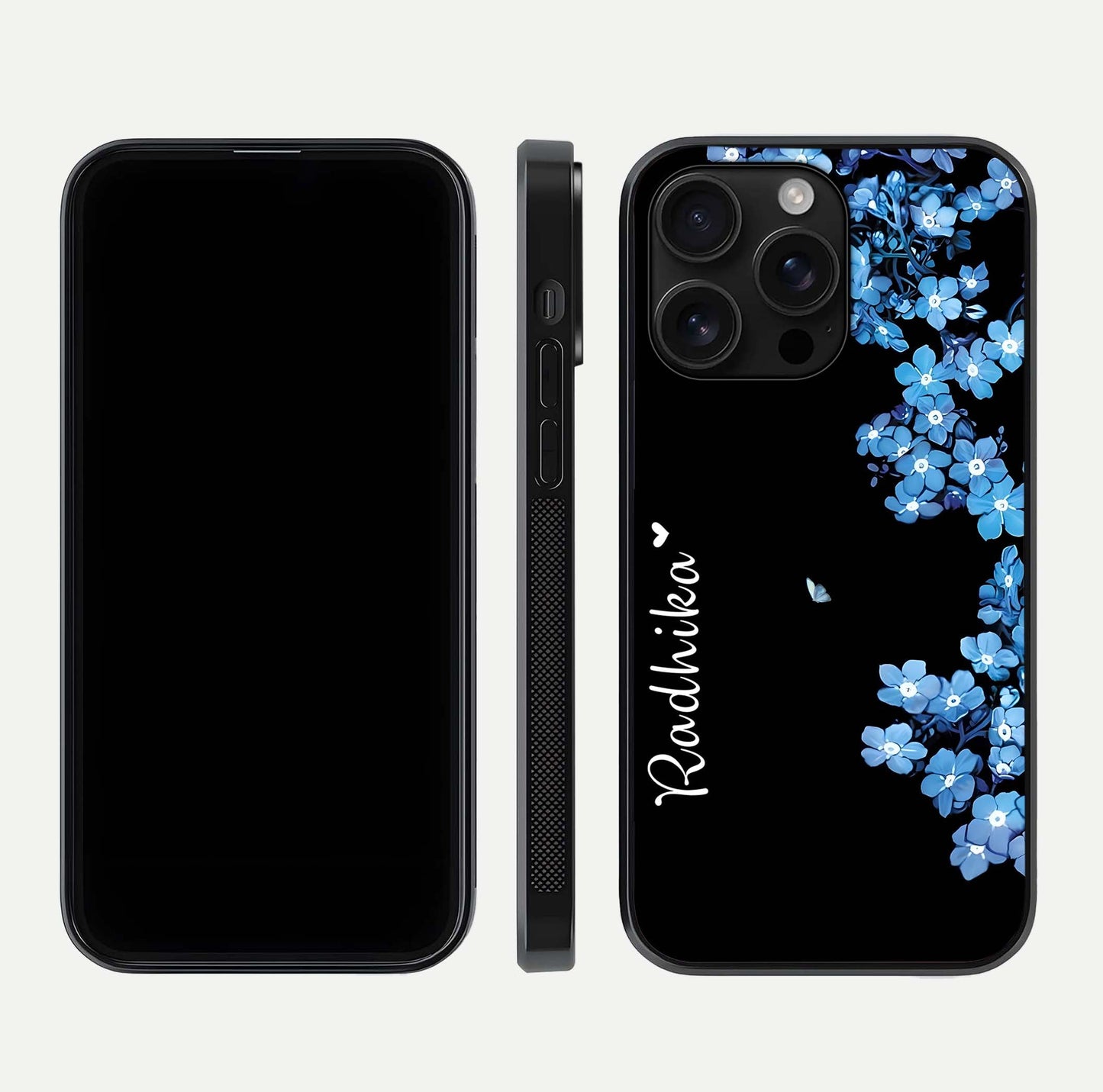 Blue Petal Dream Custom Name Glass Case for iPhone 16 Pro Max dual-view layout showing text placement and premium finish