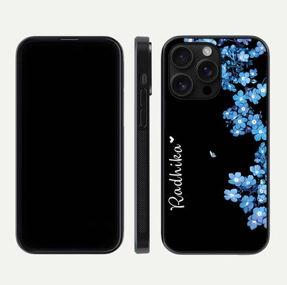 Blue Petal Dream Custom Name Glass Case for iPhone 16 Pro Max dual-view layout showing text placement and premium finish