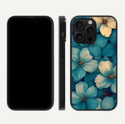 Blue Shade Floral Glass Case for iPhone 16 Pro Max front-and-back layout displaying bloom contrast and edge polish