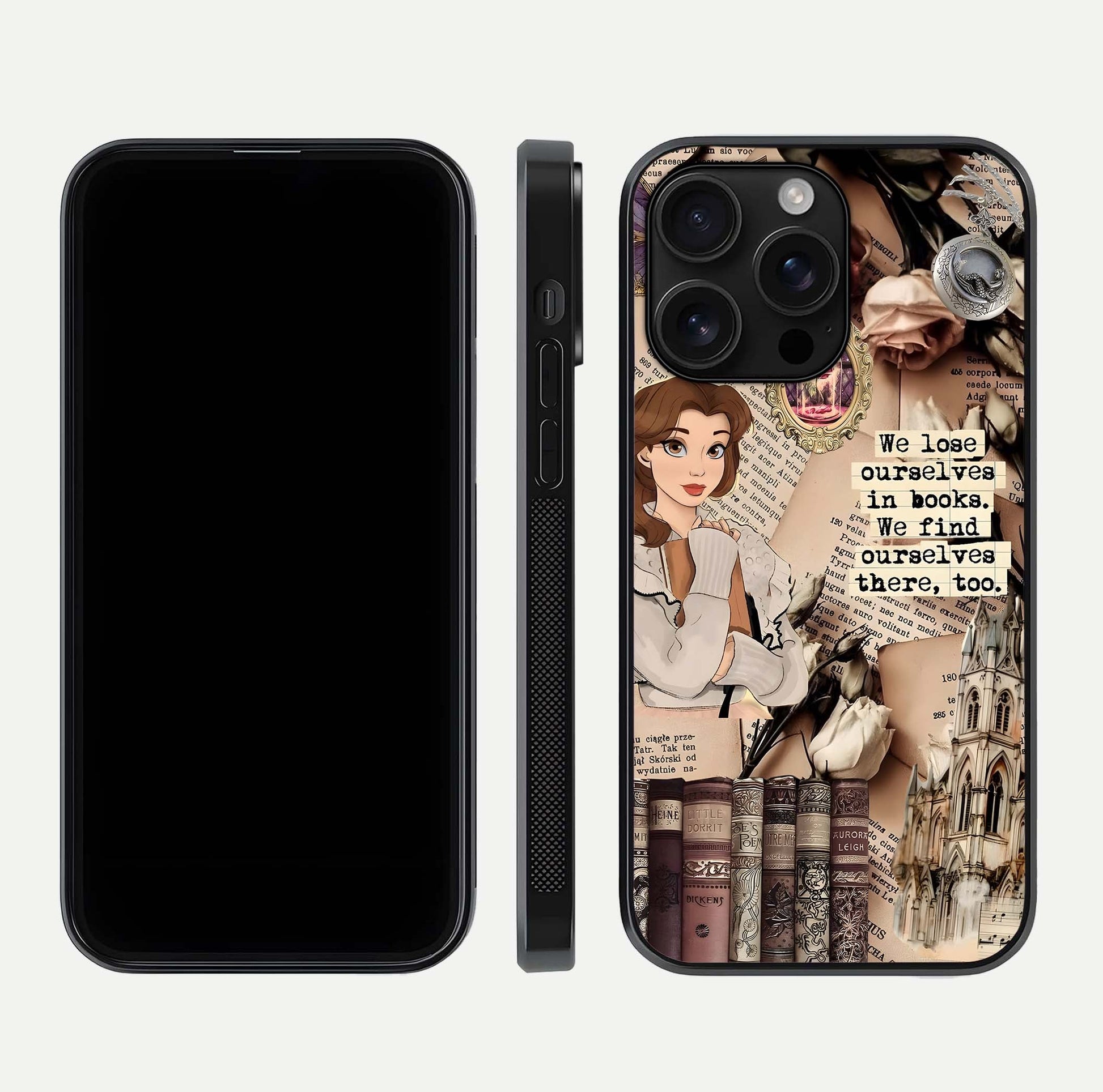 Bookish Dream World Glass Case for iPhone 16 Pro Max dual-view layout displaying colorful fantasy print and edge finish