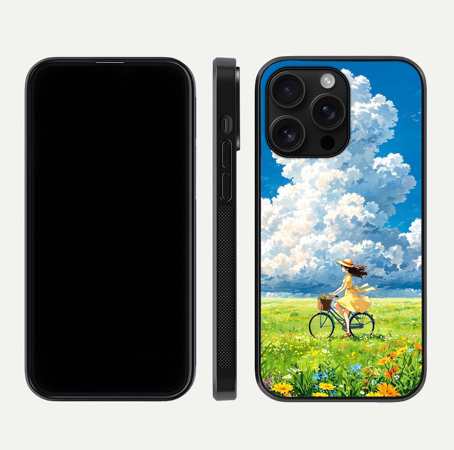 Breezy Meadow Ride Glass Case for iPhone 16 Pro Max dual-view layout showing soft landscape design and reflection gloss