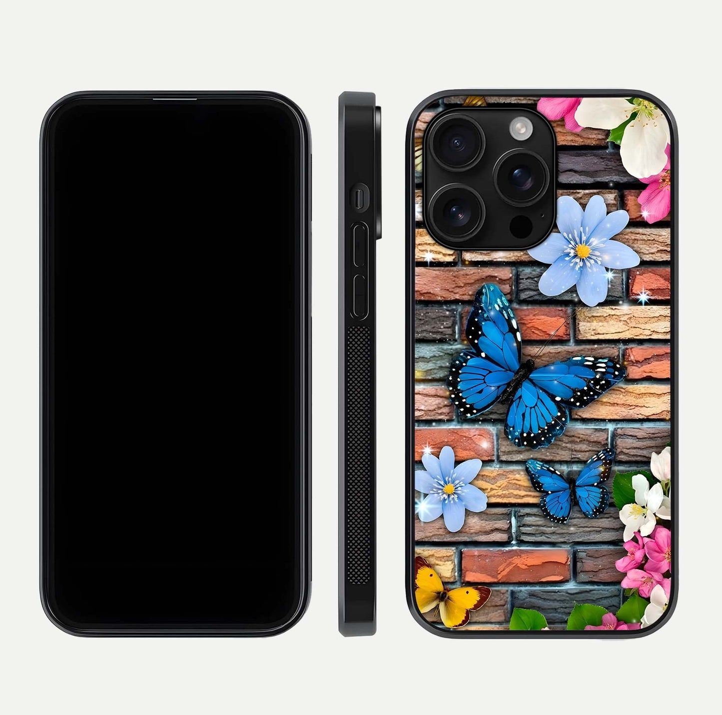 Brick Bloom Flight Glass Case for iPhone 16 Pro Max dual-view layout showing bloom placement and protective edge design