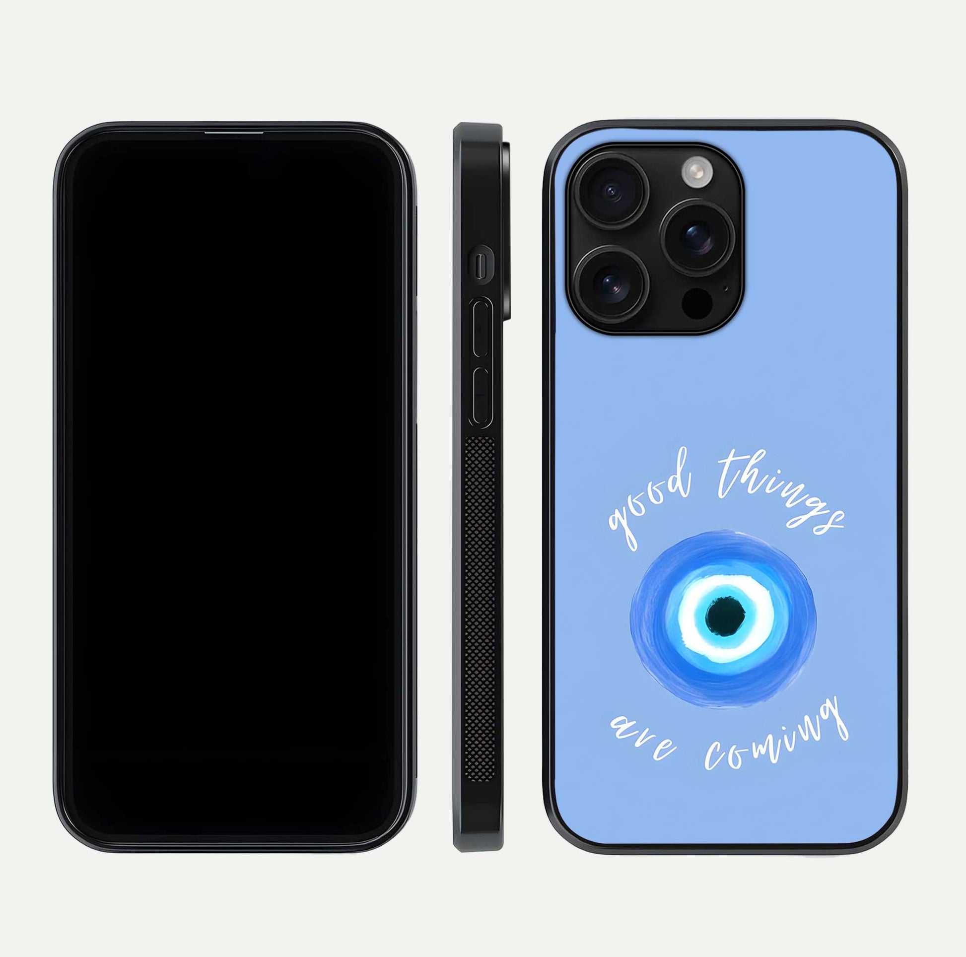 Bright Future Ahead Glass Case for iPhone 16 Pro Max front-and-back layout showing clean font style and gloss shine