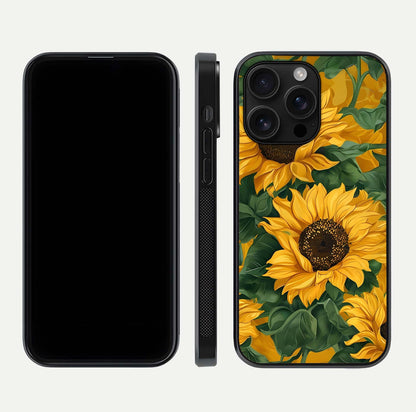 Bright Sunflower Bloom Glass Case for iPhone 16 Pro Max dual-view layout displaying floral glow and curved glass edge