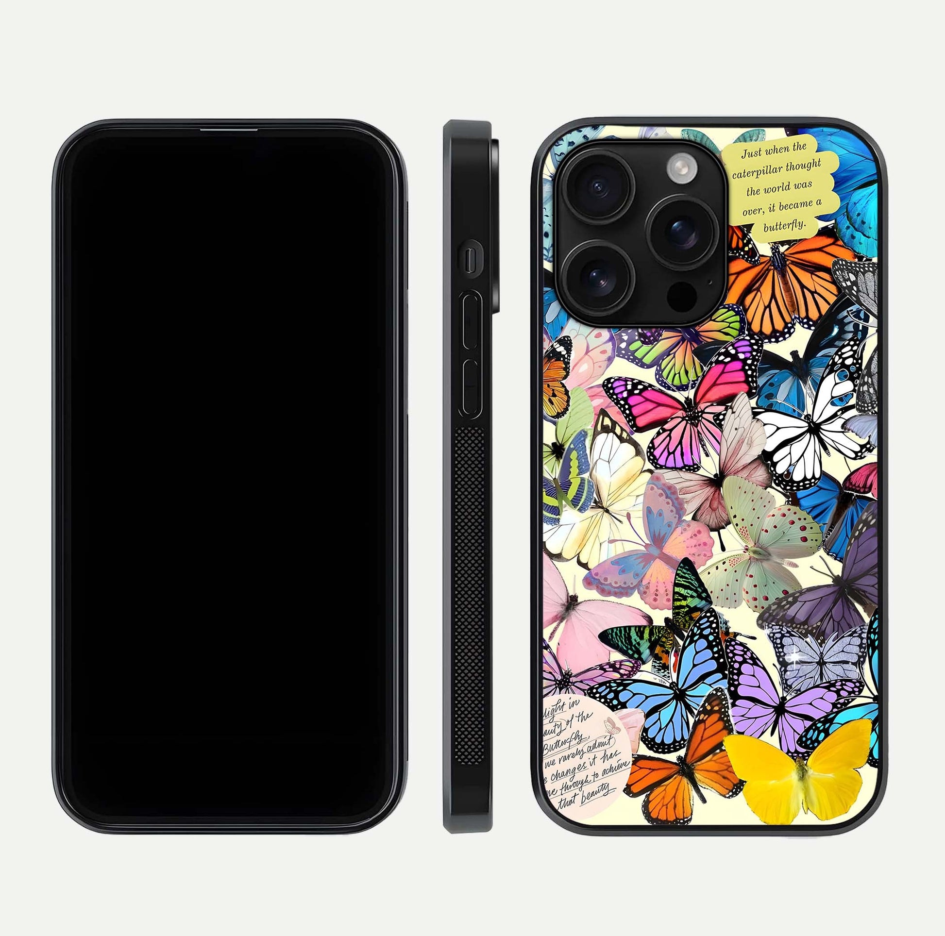 Butterflies Petal Dream Glass Case for iPhone 16 Pro Max front-and-back layout showcasing floral spread and reflection shine
