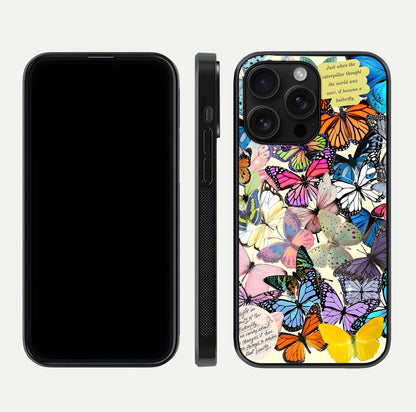 Butterflies Petal Dream Glass Case for iPhone 16 Pro Max front-and-back layout showcasing floral spread and reflection shine