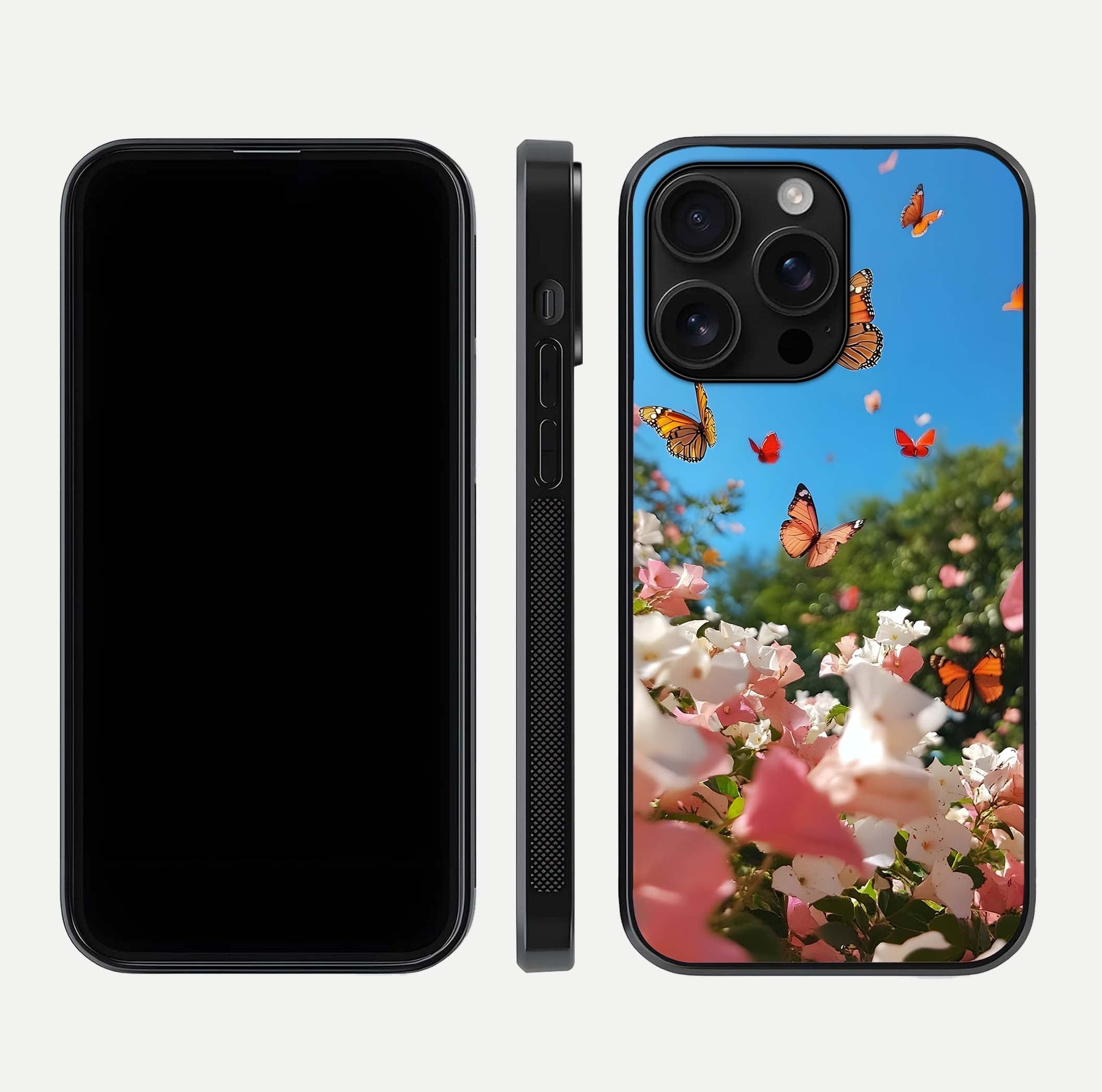 Butterflies in Bloom Sky Glass Case for iPhone 16 Pro Max dual-view layout displaying elegant composition and glass gloss