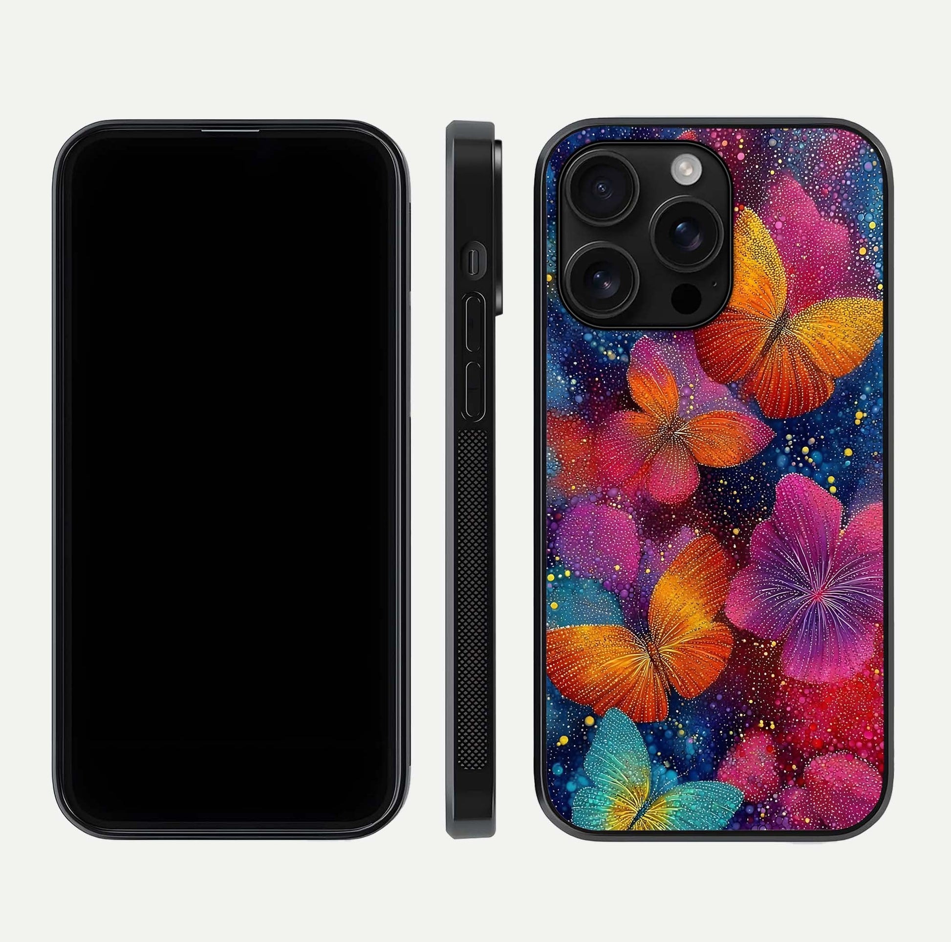 Butterfly Dream Mist Glass Case for iPhone 16 Pro Max dual-view layout showing mist background and edge polish