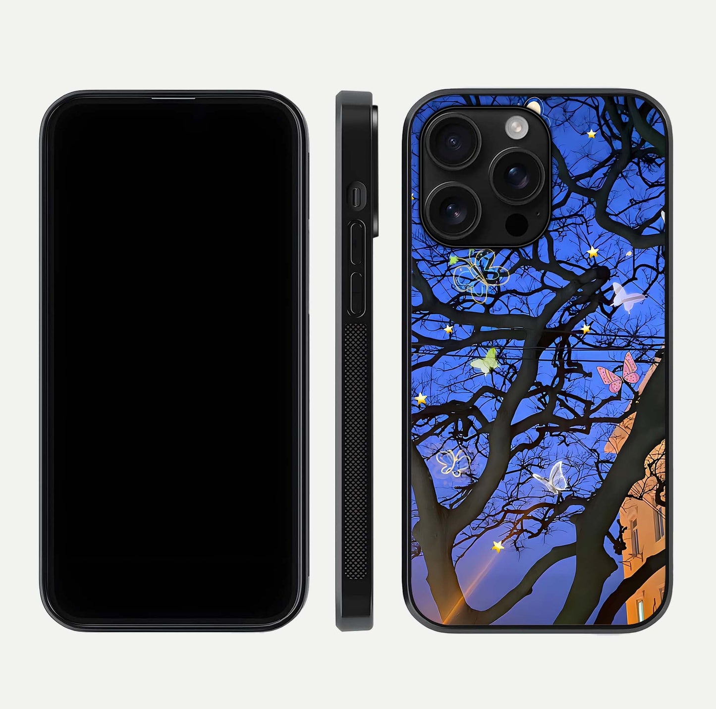 Butterfly Night Magic Glass Case for iPhone 16 Pro Max dual-view layout displaying balanced art and edge clarity