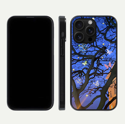 Butterfly Night Magic Glass Case for iPhone 16 Pro Max dual-view layout displaying balanced art and edge clarity