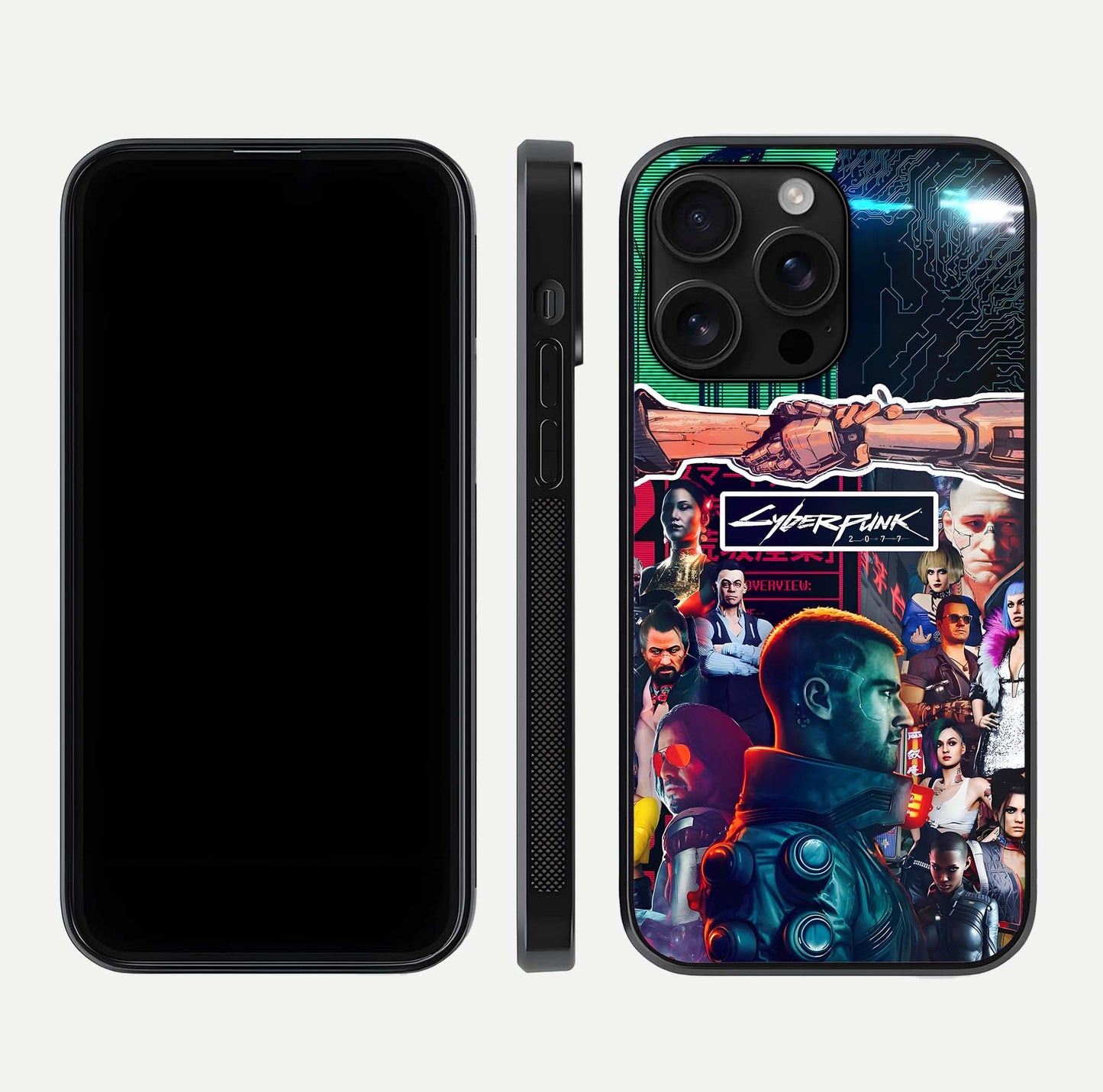 CYBERPUNK Legacy Glass Case for iPhone 16 Pro Max dual-view layout showing cyberpunk hues and glass precision