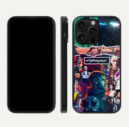 CYBERPUNK Legacy Glass Case for iPhone 16 Pro Max dual-view layout showing cyberpunk hues and glass precision