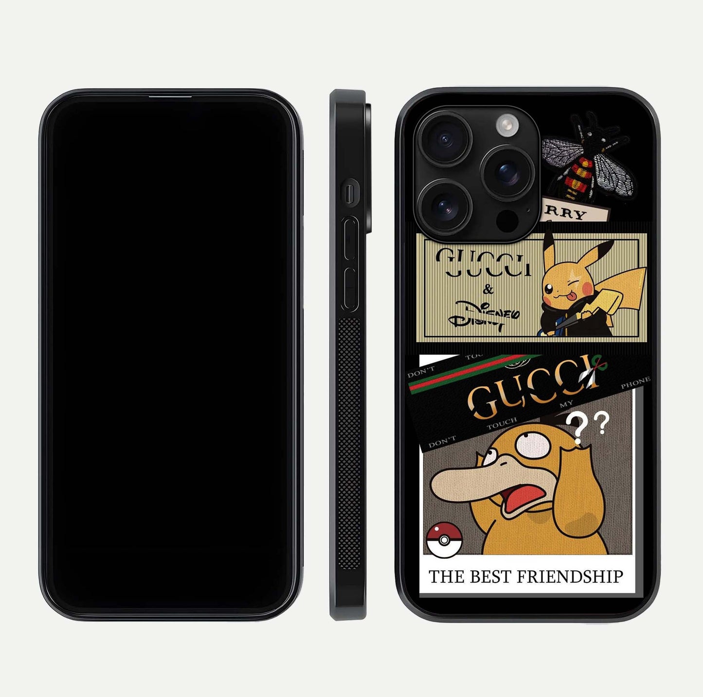 Cartoon Brand Play Mashup Glass Case for iPhone 16 Pro Max front and back view layout highlighting multi-logo artwork and curved edges