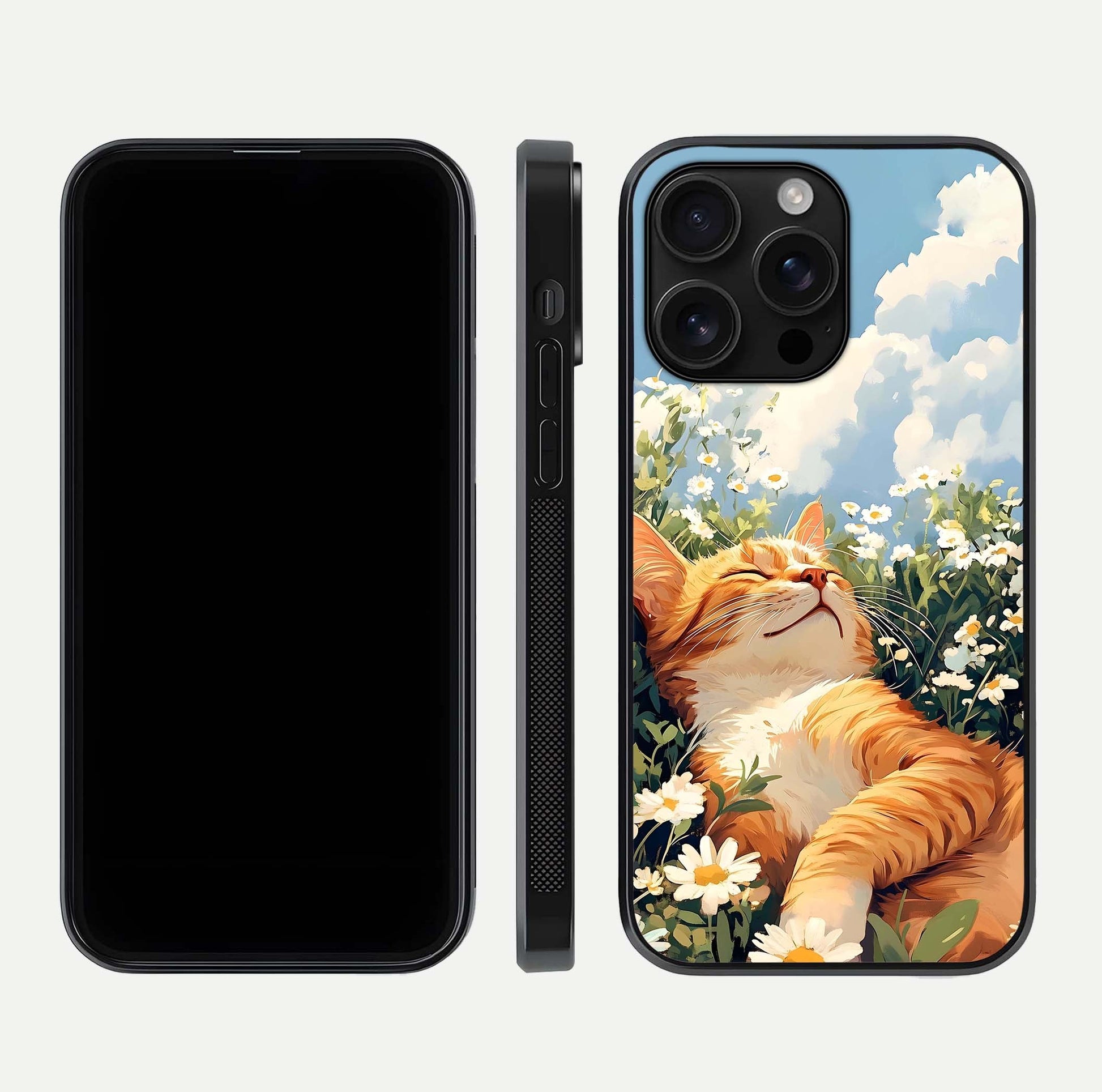 Cat & Flowers View Glass Case for iPhone 16 Pro Max front-and-back layout showing floral balance and gloss surface