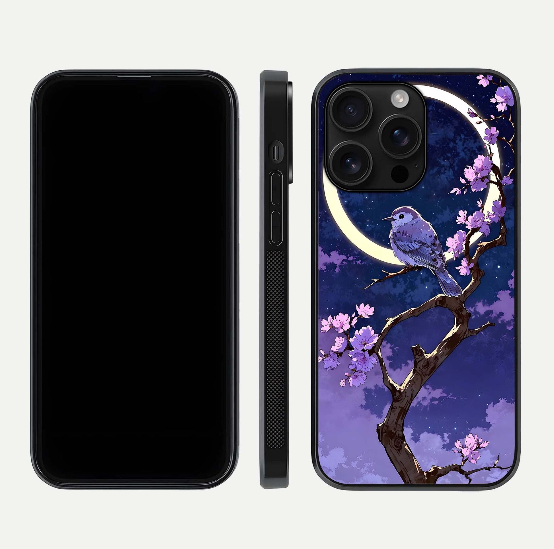 Celestial Bird Blossom Glass Case for iPhone 16 Pro Max dual-view layout showing art composition and edge clarity
