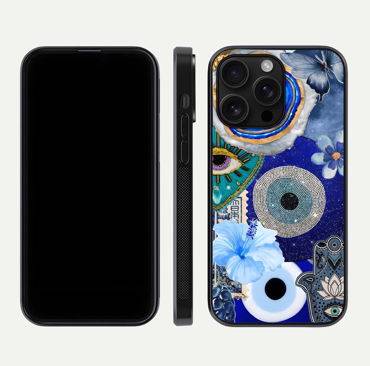 Celestial Blue Vision Glass Case for iPhone 16 Pro Max dual-view layout showing celestial gradient and curved edges