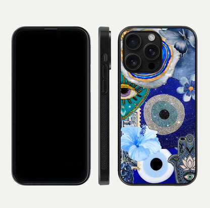 Celestial Blue Vision Glass Case for iPhone 16 Pro Max dual-view layout showing celestial gradient and curved edges
