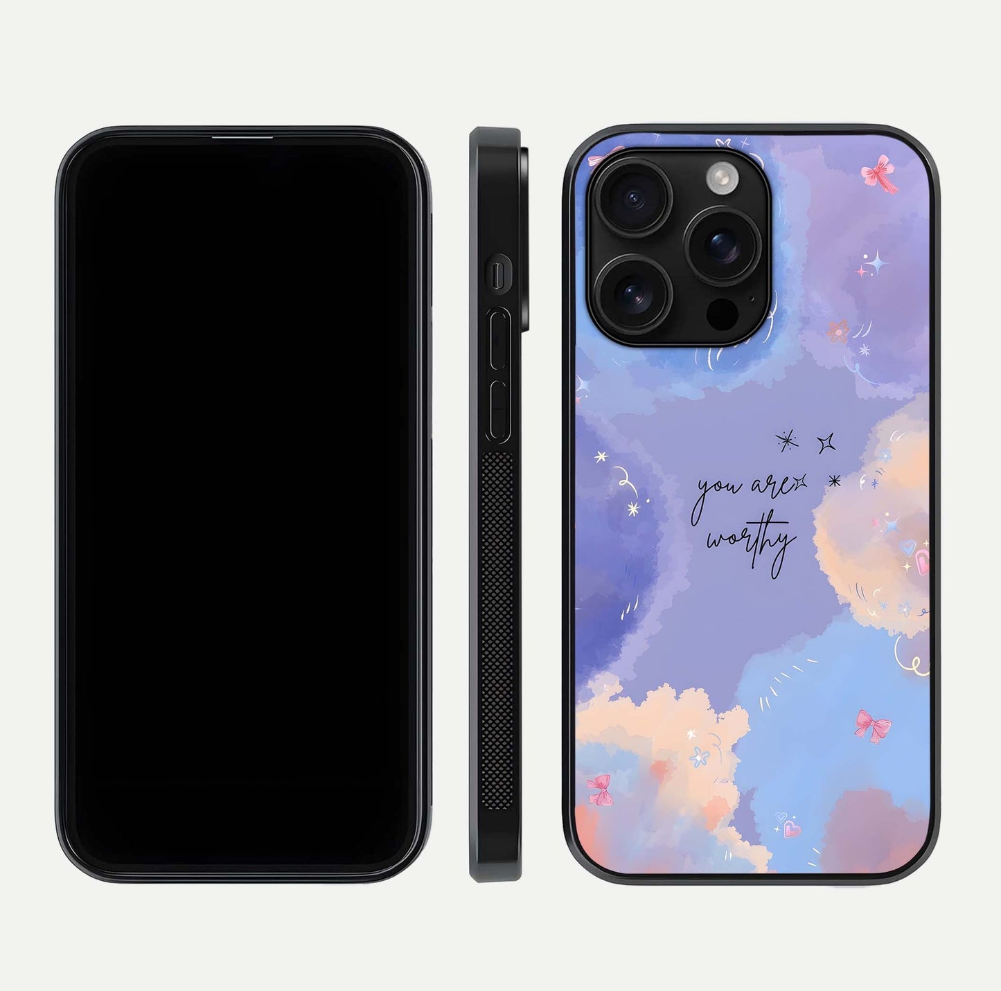 Celestial Cloud Magic Glass Case for iPhone 16 Pro Max dual-view layout showcasing soft color transition and gloss shine