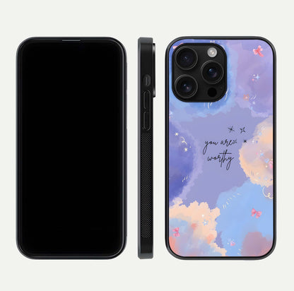 Celestial Cloud Magic Glass Case for iPhone 16 Pro Max dual-view layout showcasing soft color transition and gloss shine