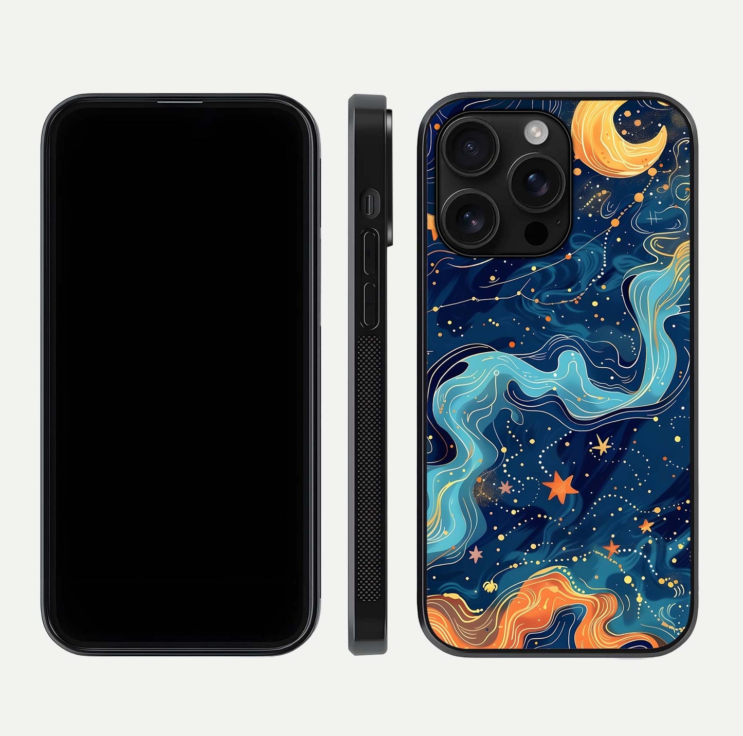 Celestial Dream Flow Glass Case for iPhone 16 Pro Max dual-view layout showing abstract flow and curved glass